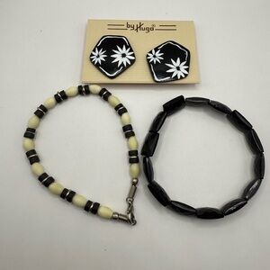 Carved Horn & Clip-on Earrings By Hugo  (3) Lot Black and White Bracelet